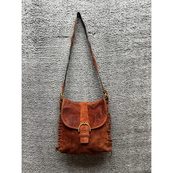Vintage Coach Authentic Suede Braided Flap Shoulder Bag Rust Brown G3S-9486 - Picture 2 of 14